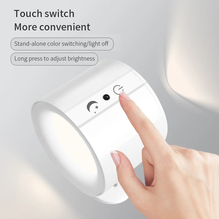 LED Wall Sconce Light Wireless – Round Touch Control Double Head 360 Rotatable Wall Lamp, 3 Color Dimmable Night Light for Bedroom, Living Room, Hallway Indoor Lighting